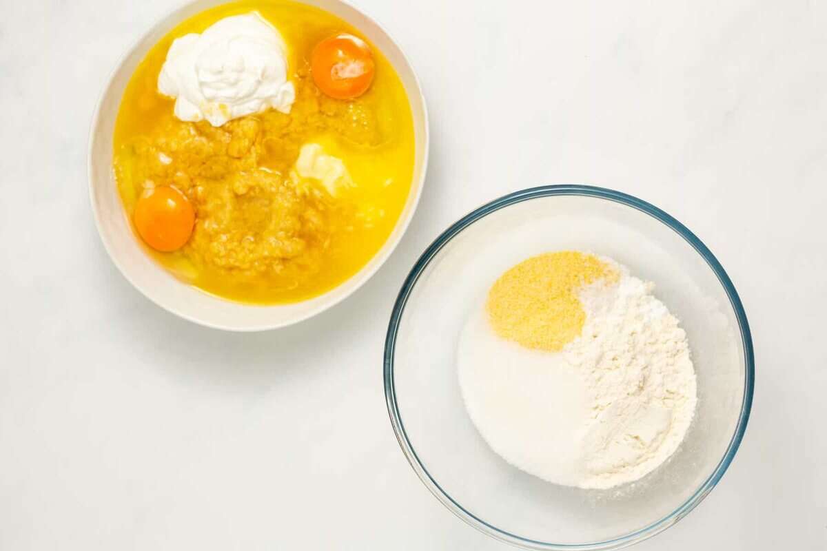 Wet ingredients in one bowl and dry ingredients in a second bowl.