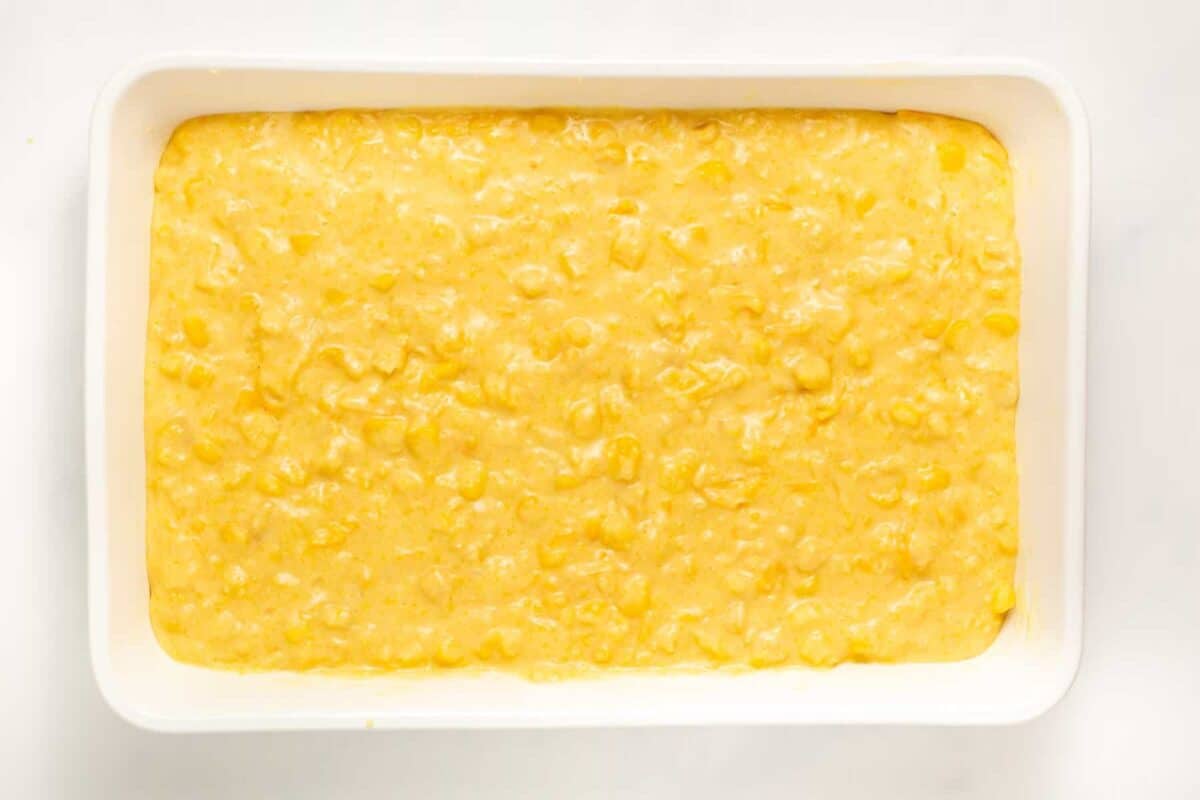 Cornbread casserole mixture in baking dish.