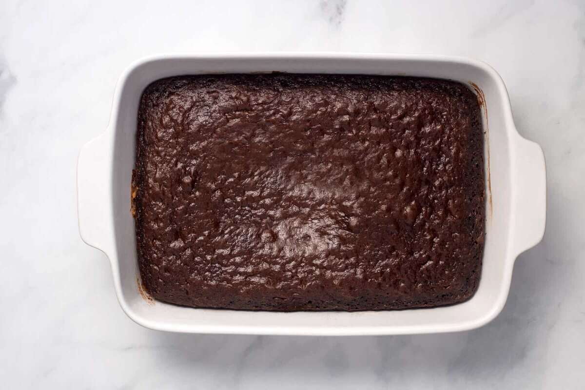 Chocolate cake in baking dish.