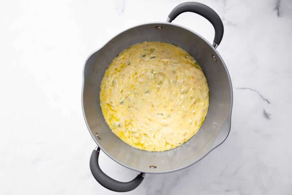 Ingredients for leftover turkey casserole in a dutch oven.