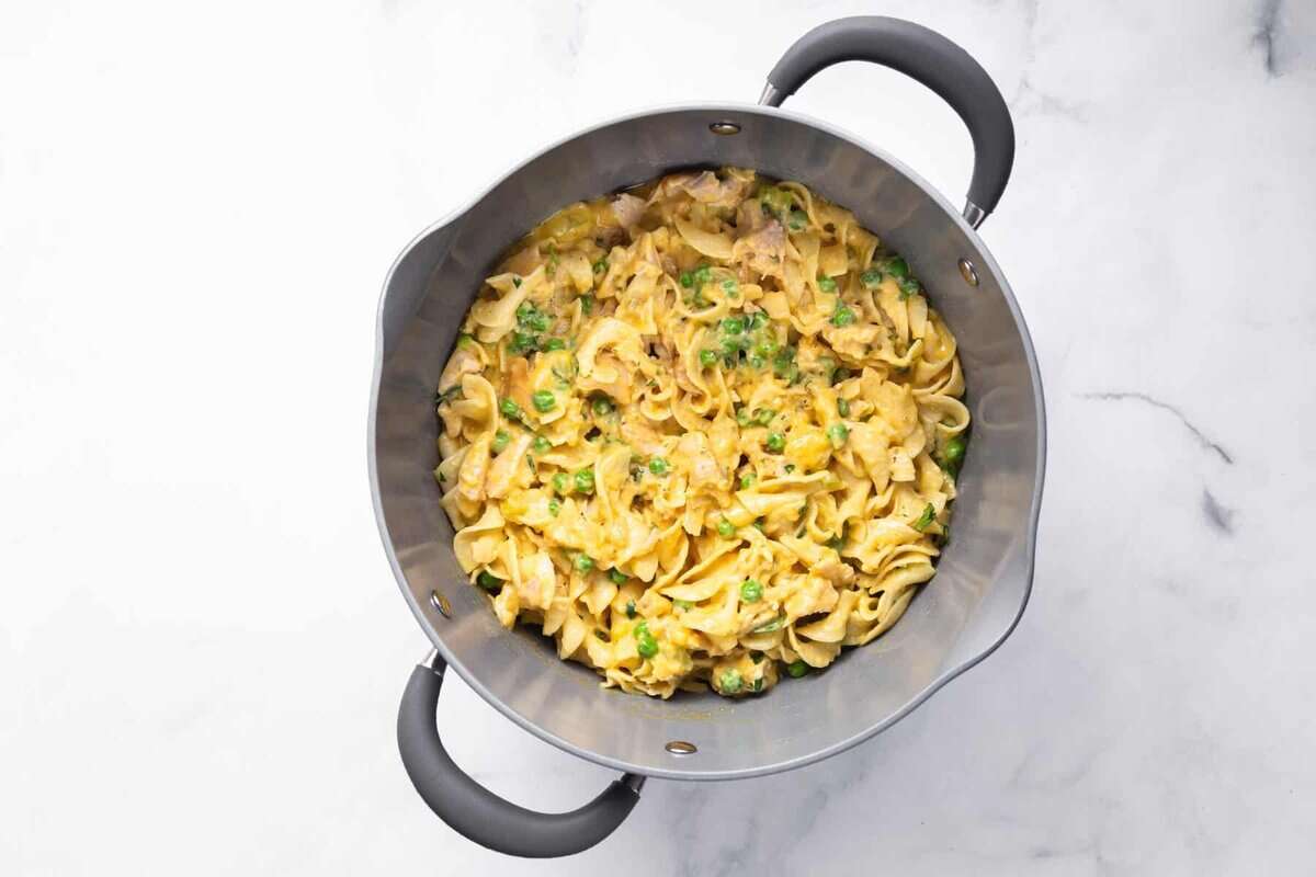 Ingredients for leftover turkey casserole in a Dutch oven.