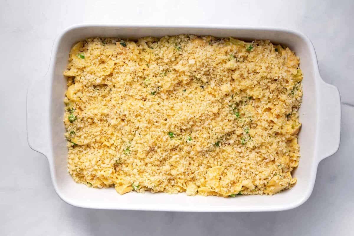 Leftover turkey casserole in a white baking dish.