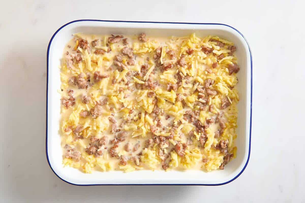 Hashbrown egg casserole before baking.