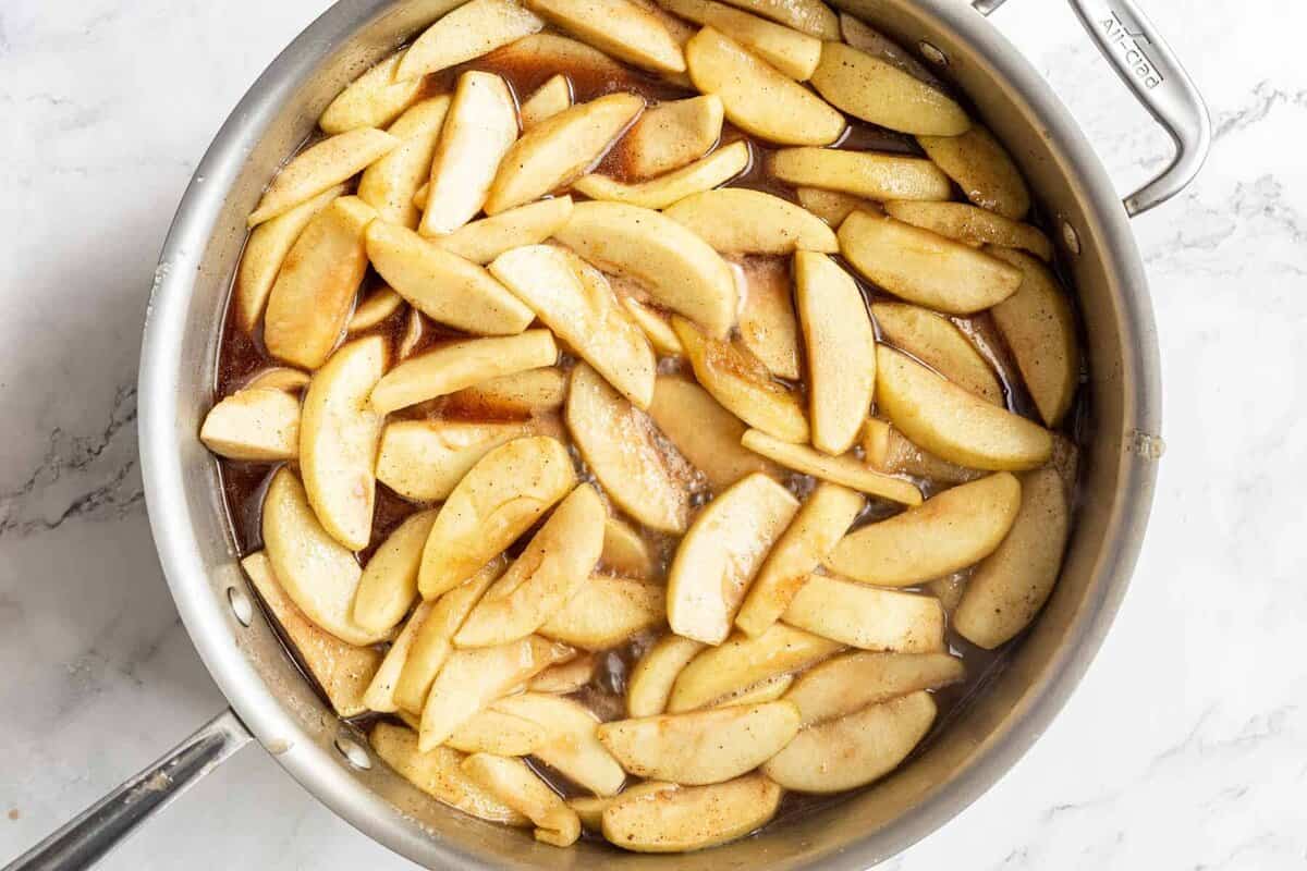 Southern fried apples in skillet.