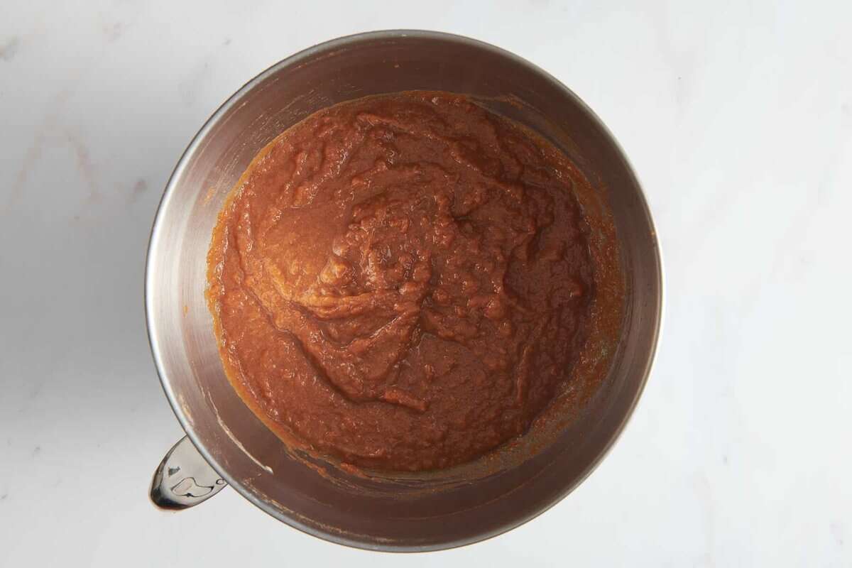 Sweet potato souffle mixture in mixing bowl.