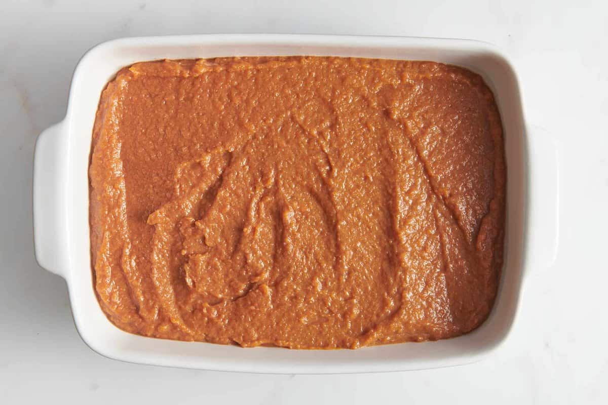 Sweet potato souffle filling in baking dish.