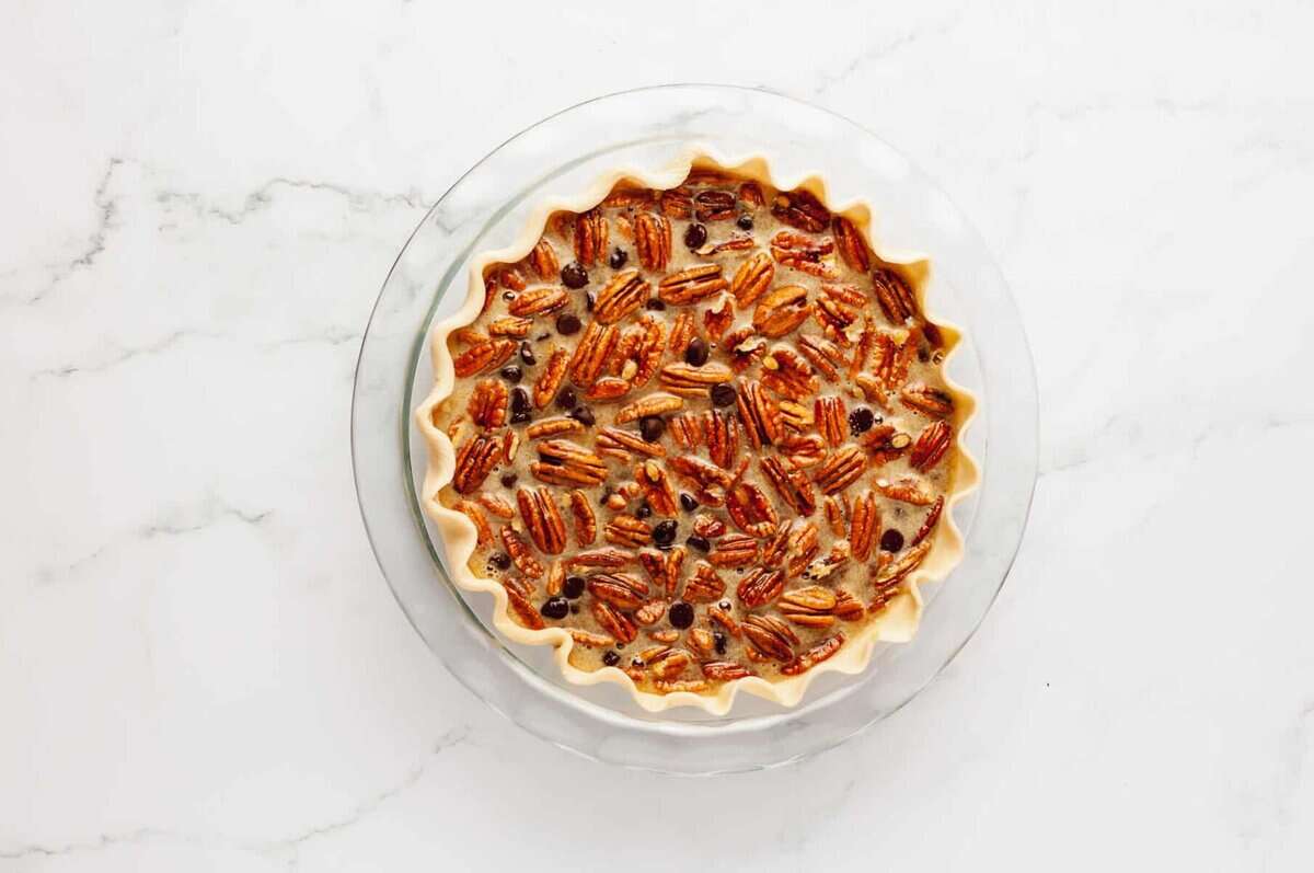 Chocolate pecan pie before baking.