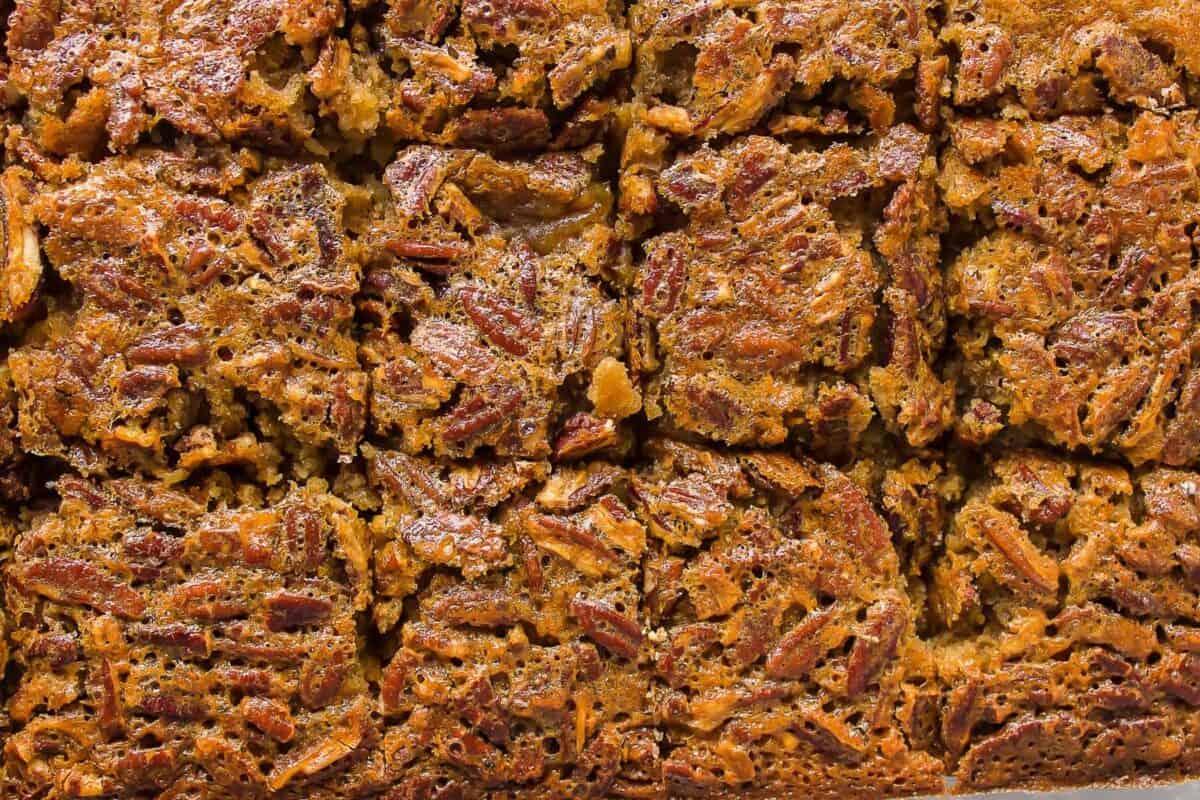 A close up shot of cut pecan pie bars.