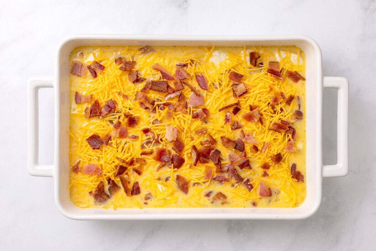Bacon, egg and cheese biscuit casserole before baking.