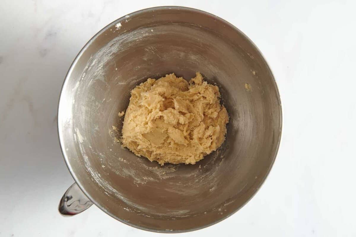 Butter cookie dough in mixing bowl.