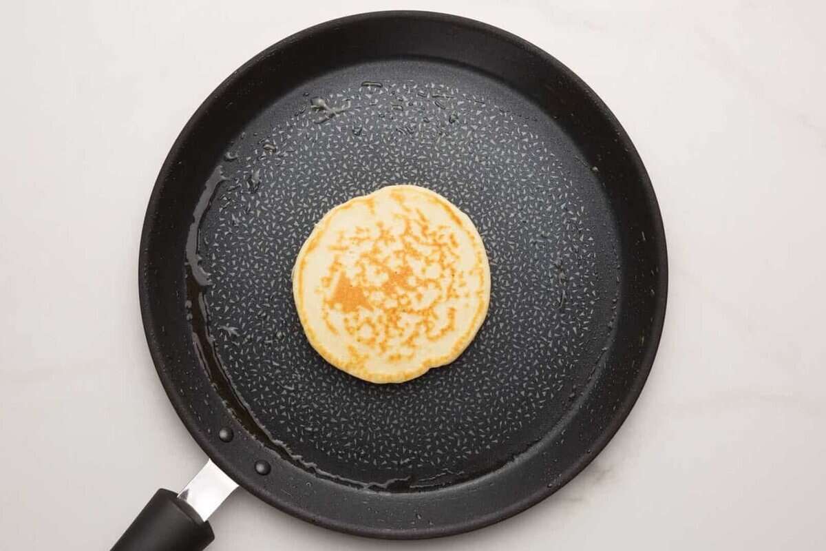 Bisquick pancake in skillet.