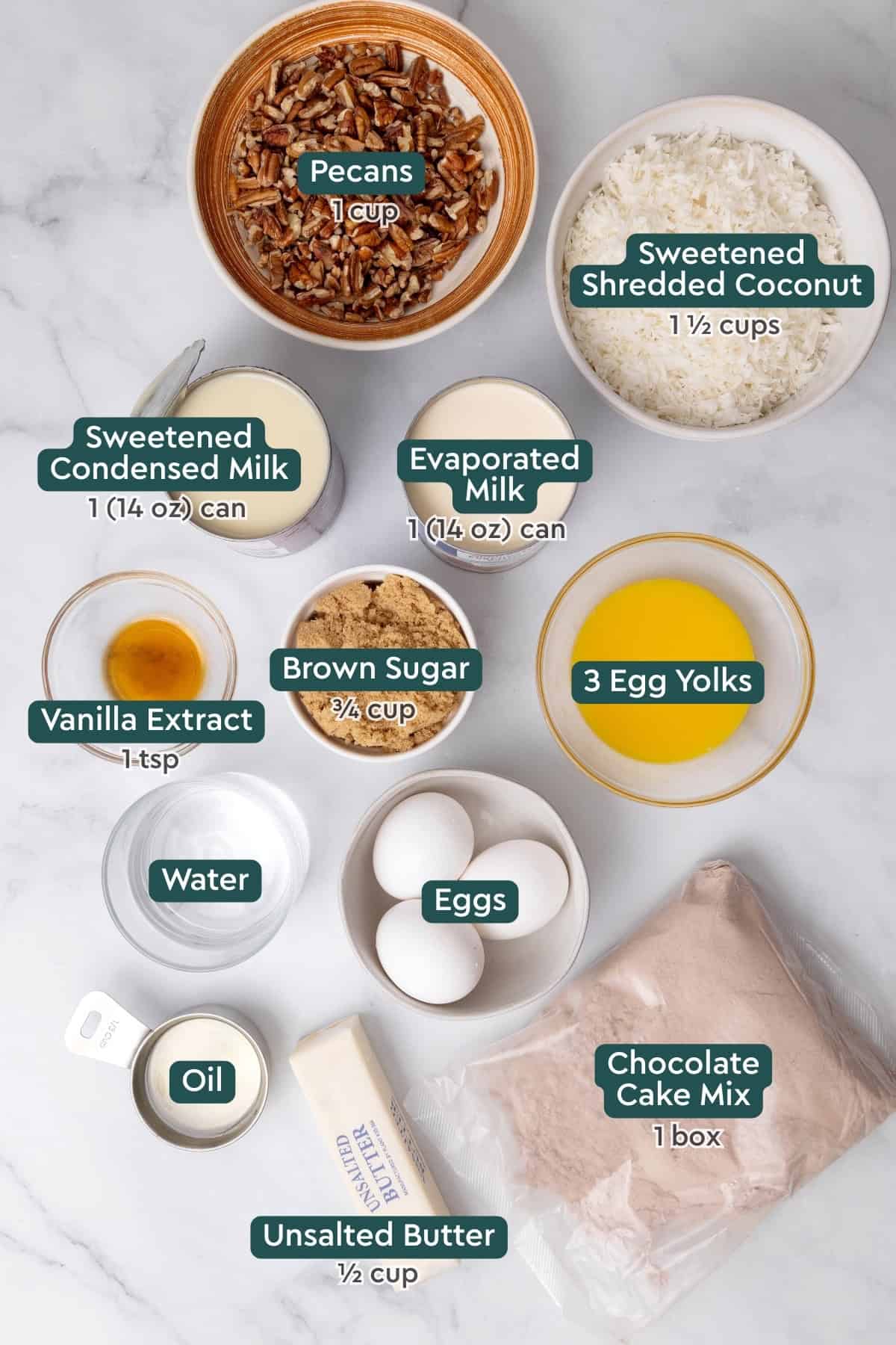 German chocolate poke cake ingredients including pecans, coconut, condensed milk, evaporated milk, egg yolks, brown sugar, vanilla extract, water, eggs, chocolate cake mix, butter, and oil.