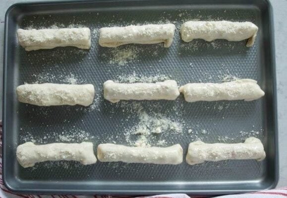 Pepperoni pizza rolls before baking.