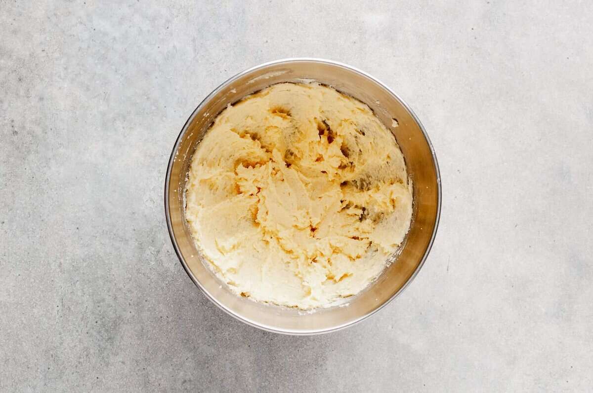 Creamed butter and sugar in mixing bowl.