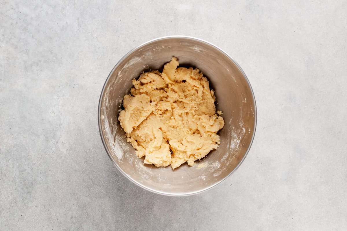 Cookie dough in mixing bowl.