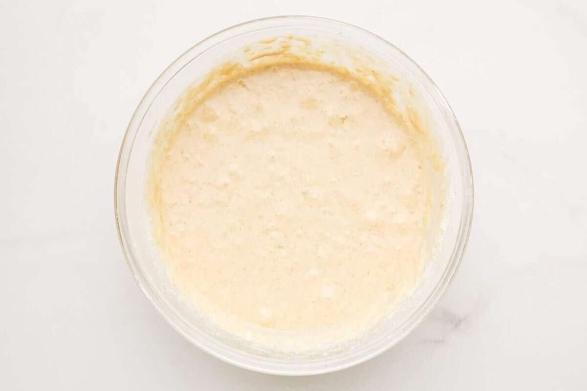 Banana waffle batter in bowl.