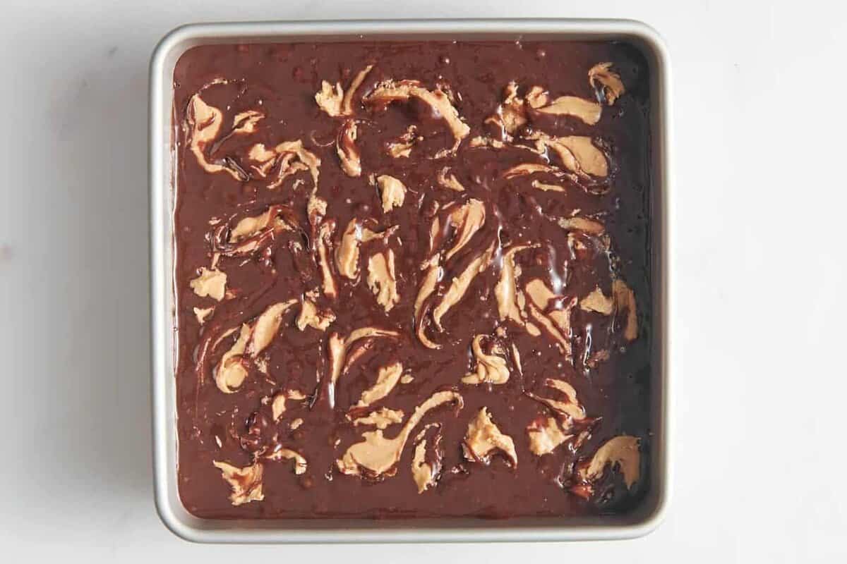 Peanut butter swirl brownies before baking.