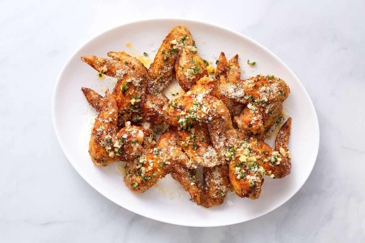 Serving plate with garlic parmesan chicken wings.