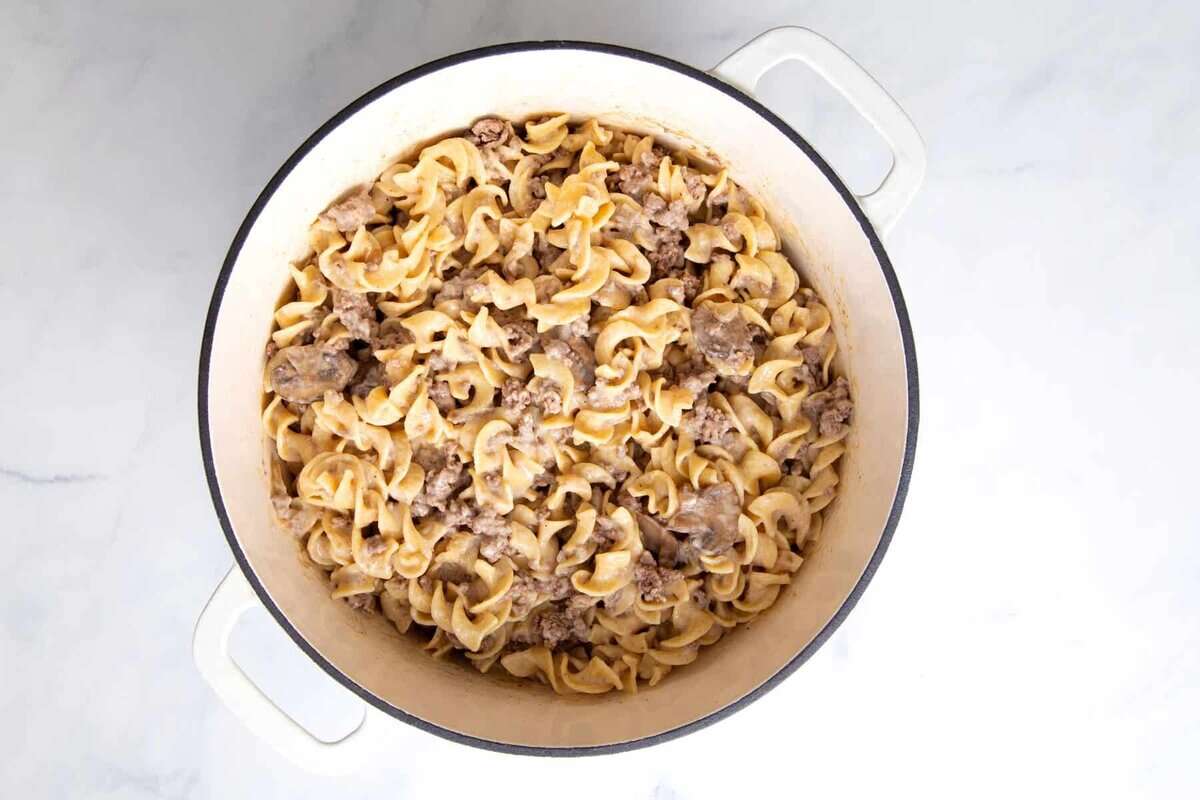 Beef stroganoff with ground beef in pot.