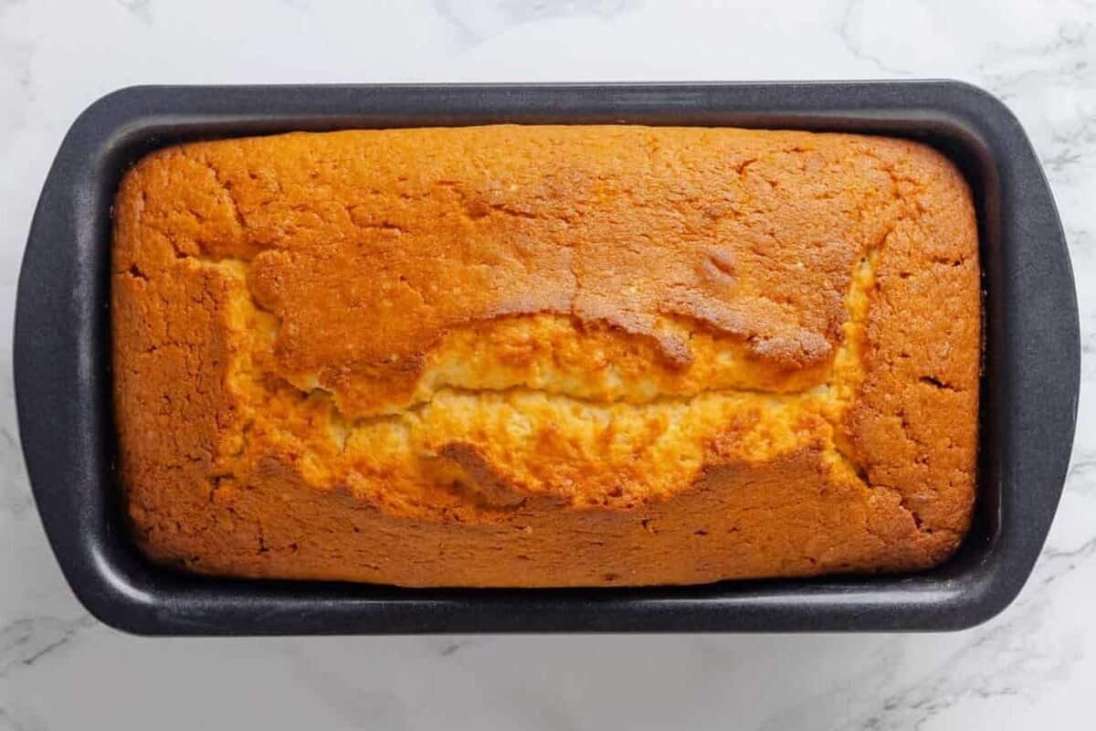 Lemon pound cake in loaf pan.