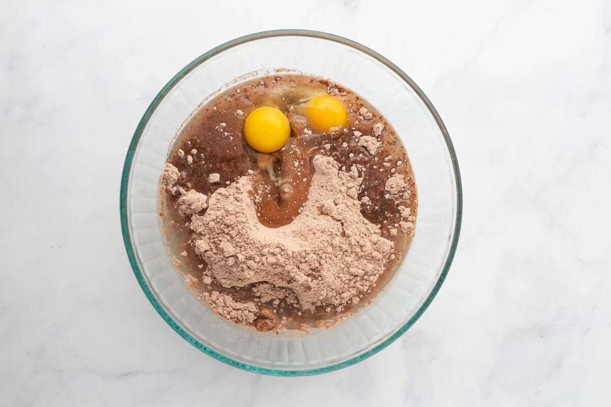 Ingredients for brownies in bowl.