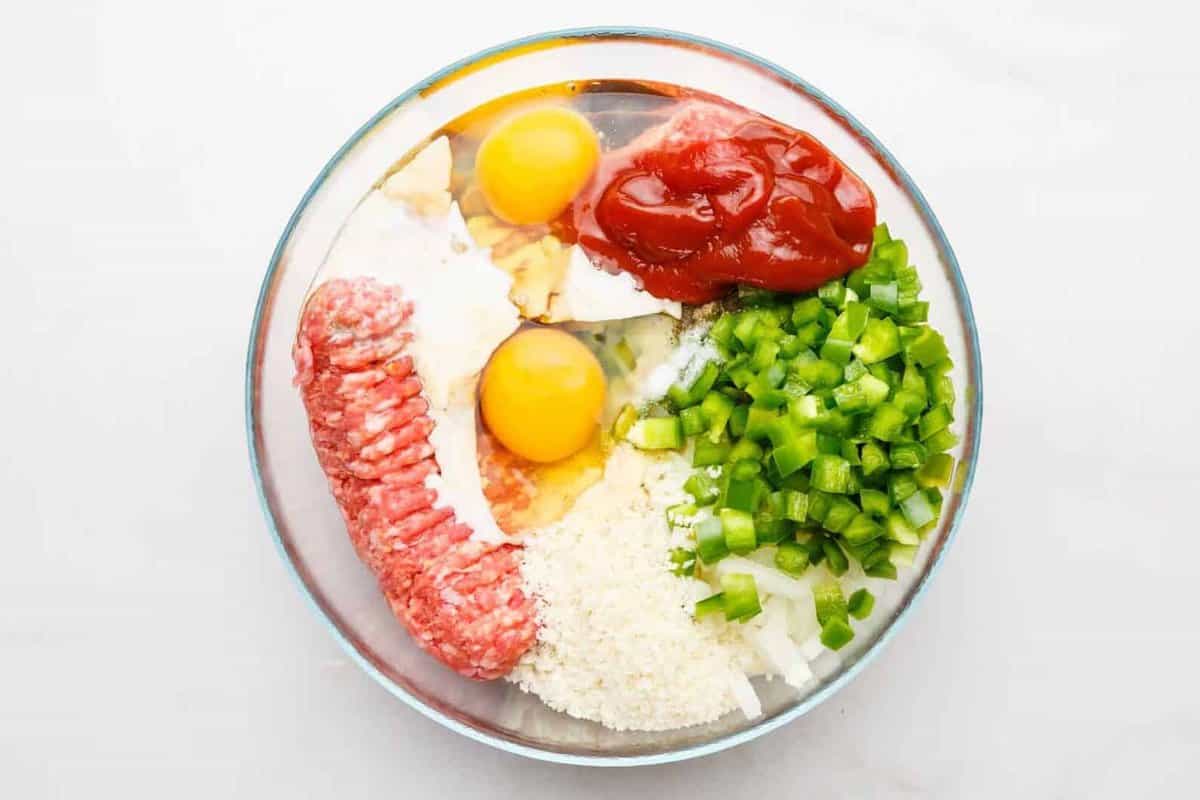 Ingredients for southern meatloaf in bowl.