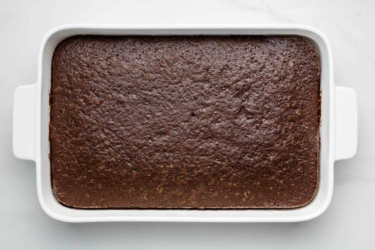 Chocolate wacky cake in pan after baking.