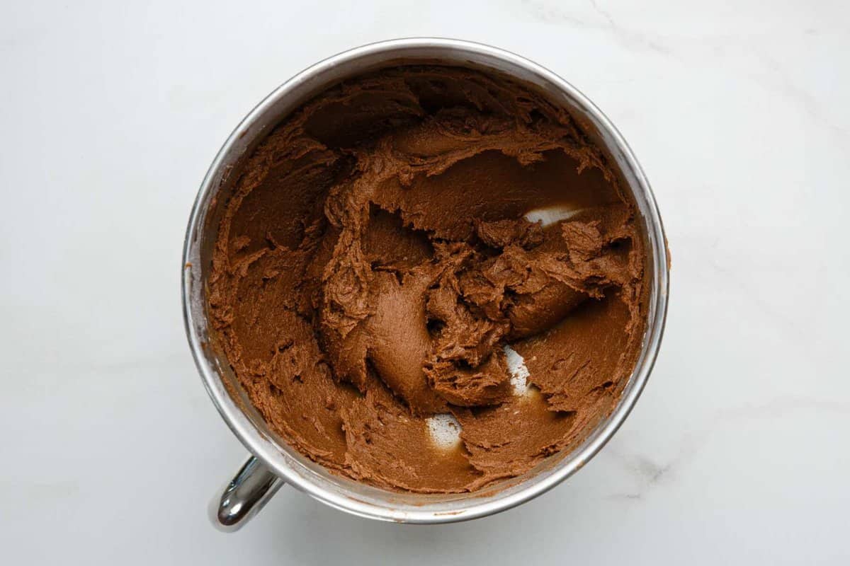 Frosting for wacky cake in mixing bowl.