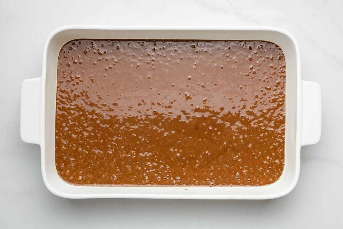 Chocolate wacky cake in pan before baking.