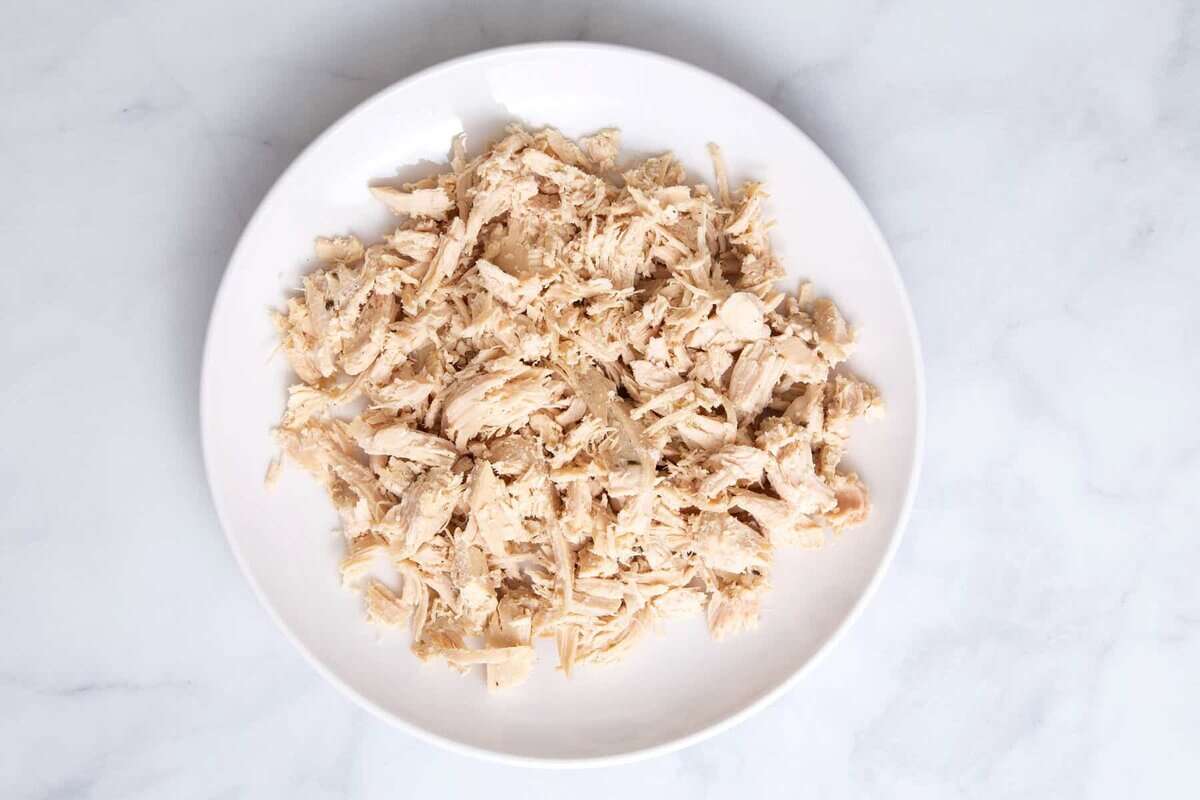 Shredded chicken on plate.