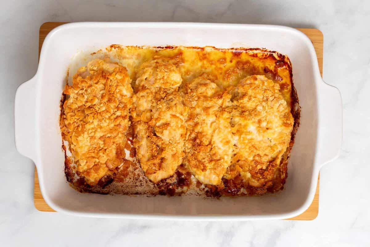 Baked Ritz cracker chicken in dish.