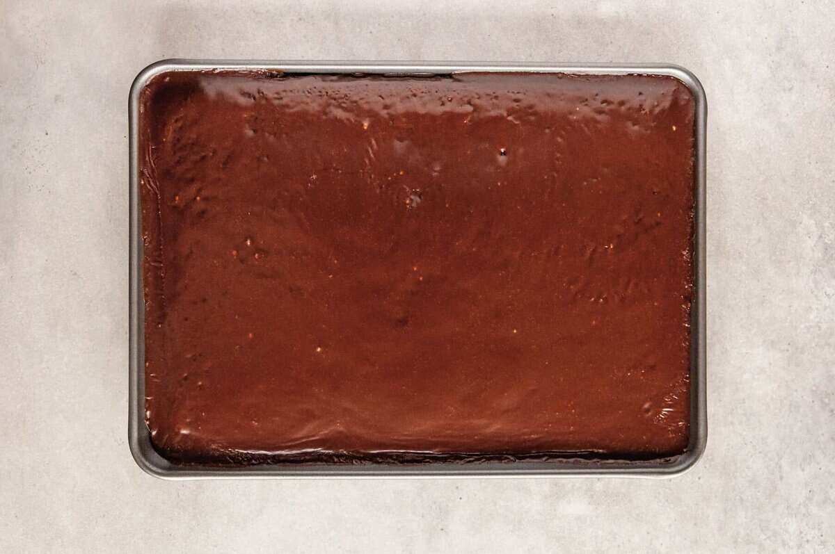 Texas sheet cake in pan.