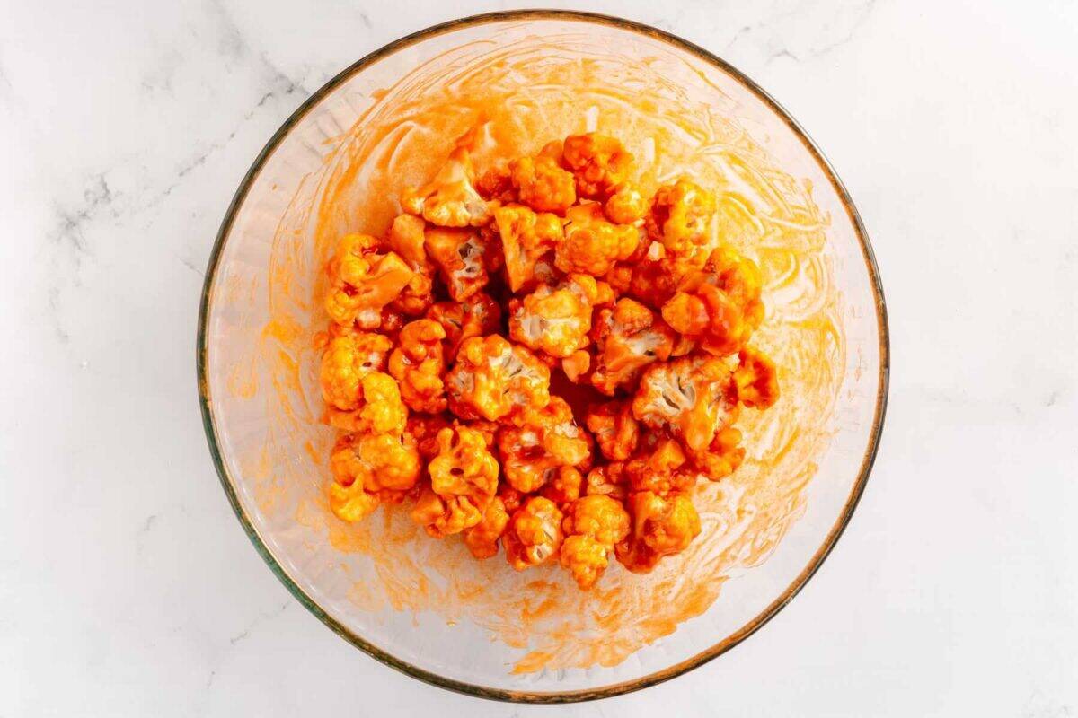 Cauliflower tossed in buffalo sauce.