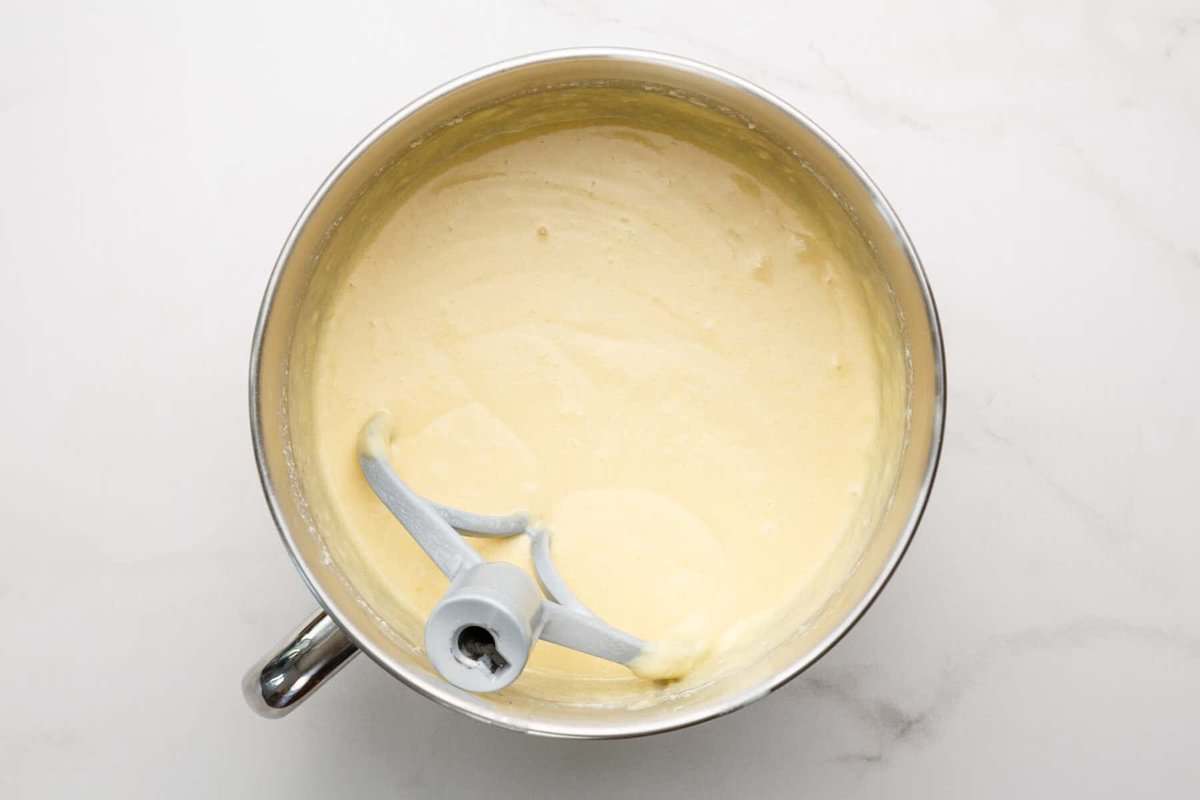 Birthday cake batter in mixing bowl.