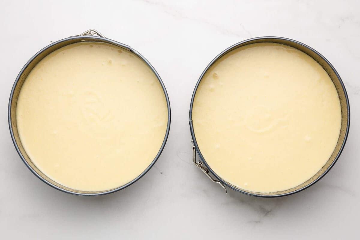Birthday cake batter in two round pans.