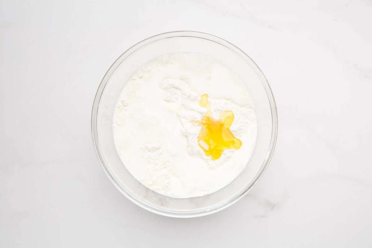 Buttermilk and honey added to dry ingredients.