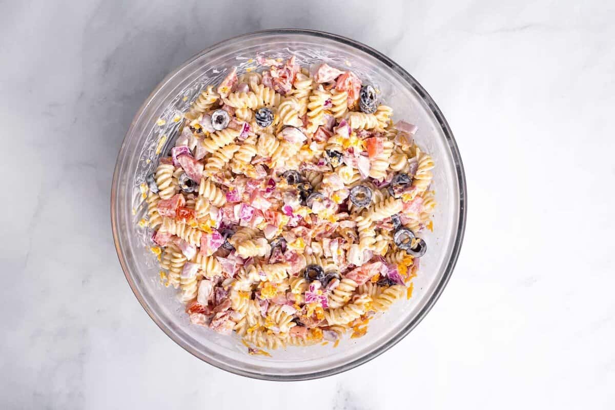 Bacon ranch pasta salad in bowl.