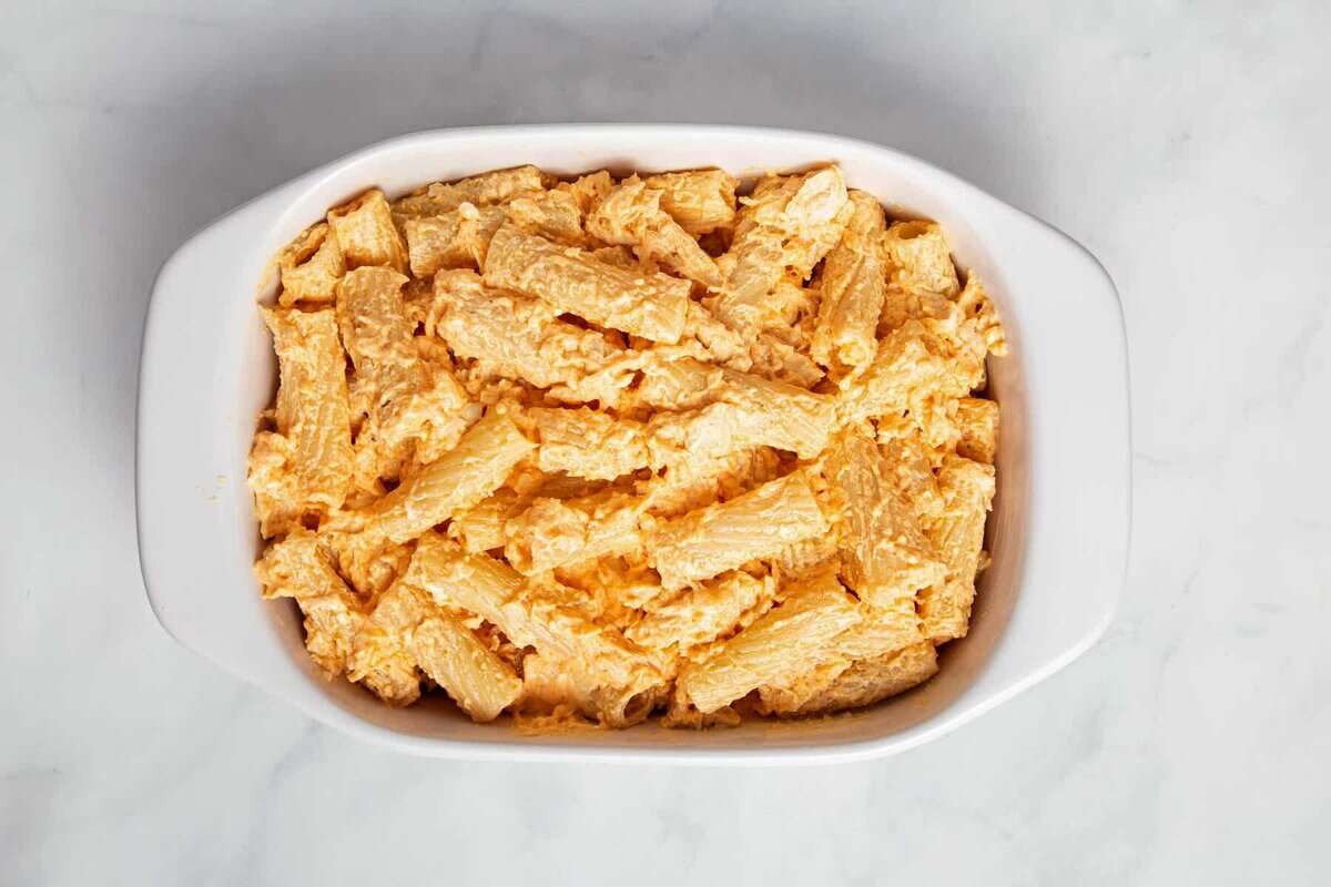 Buffalo chicken pasta casserole before baking.