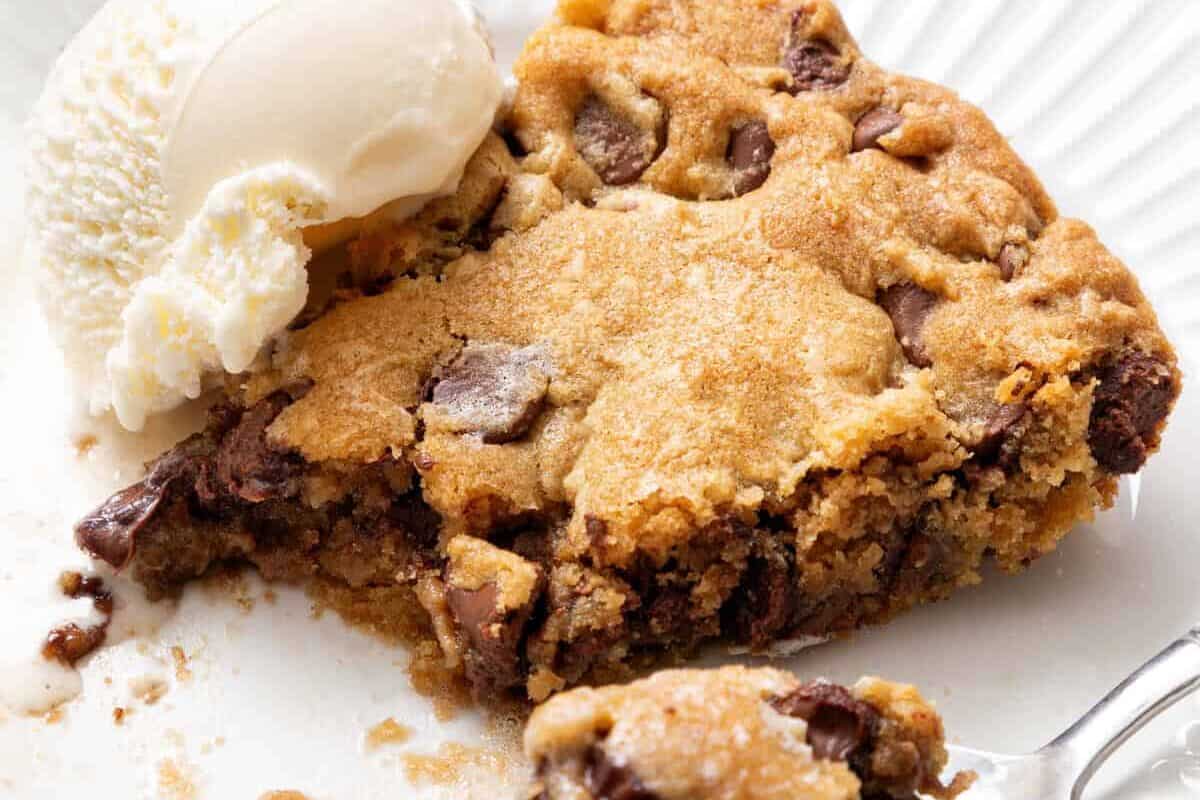 slice of a chocolate chip skillet cookie.