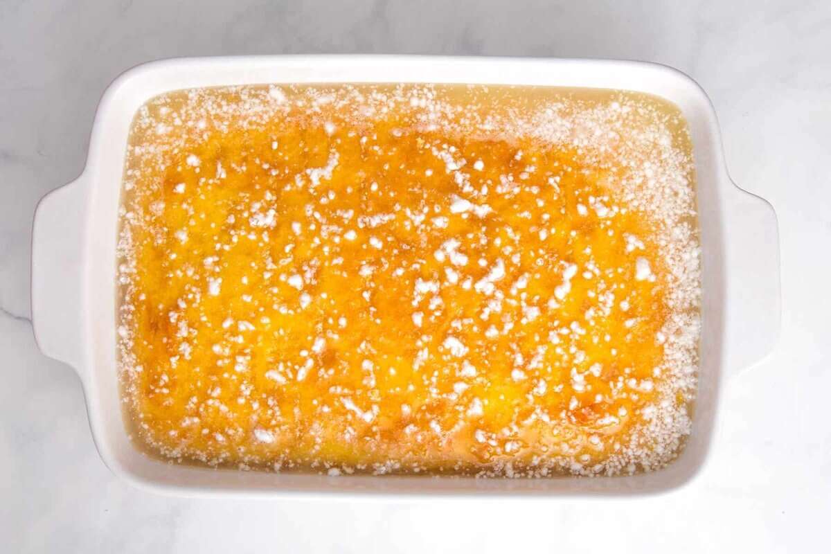 Lemonade cake after adding lemonade over top.