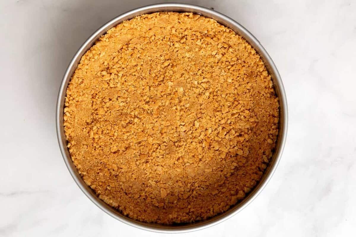 Cheesecake crust in springform pan.