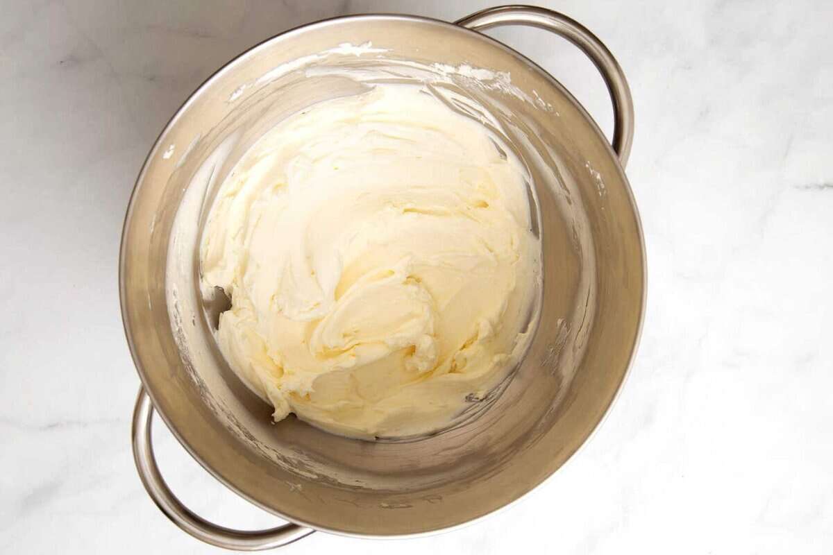 Beaten cream cheese in bowl.