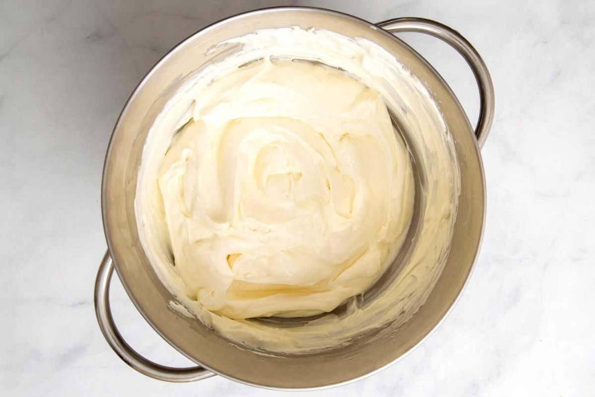 Philadelphia cheesecake filling in bowl.