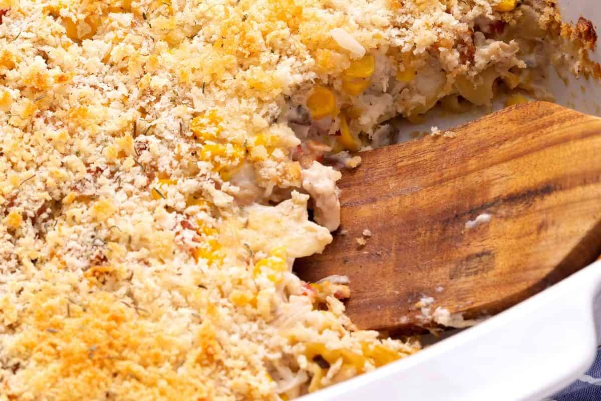 Ultimate chicken casserole in a baking dish.