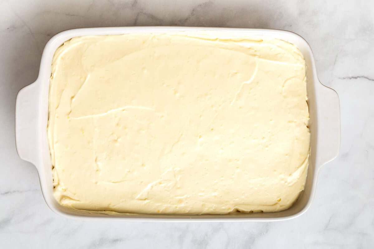 Pudding layer in baking dish.