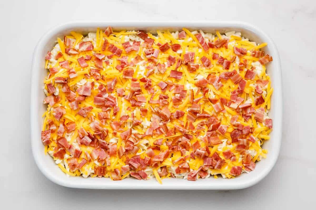 Chicken bacon ranch casserole with pasta in baking dish.