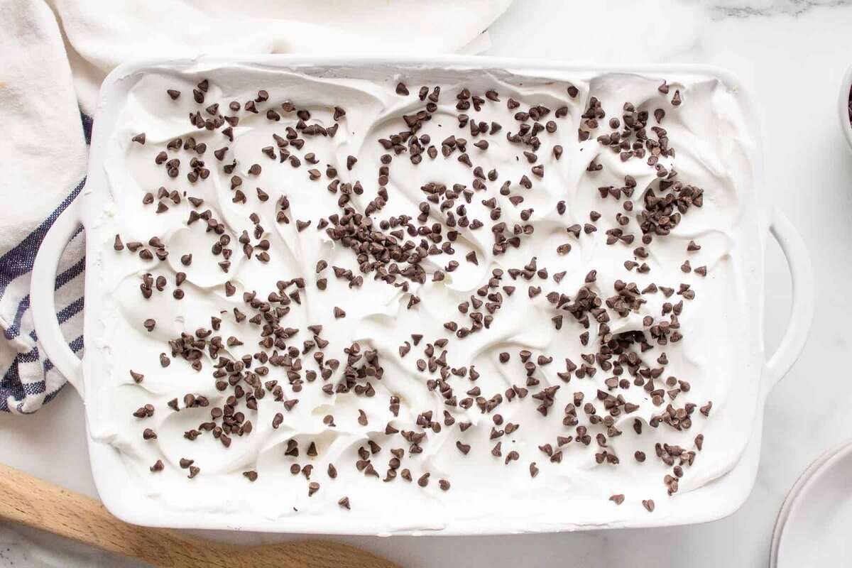 Chocolate lasagna dessert in pan with mini chocolate chips on top.