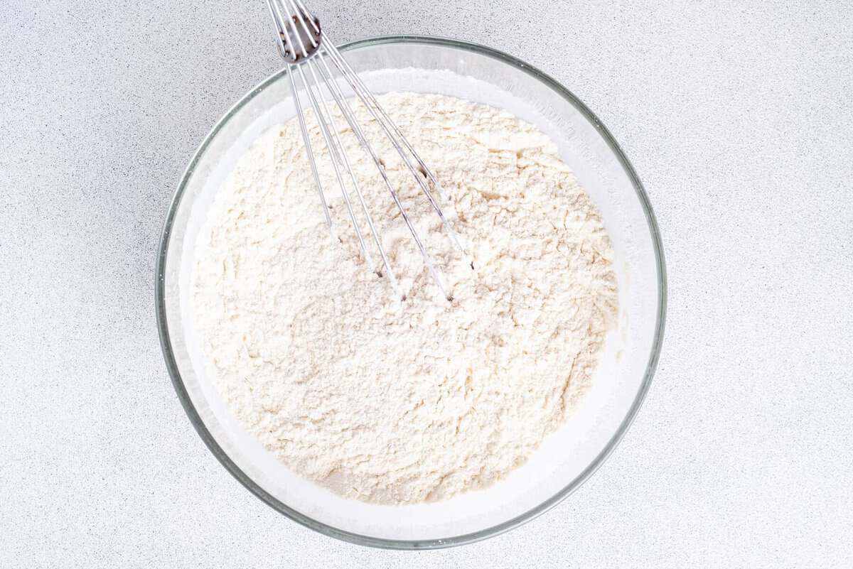 Dry ingredients in mixing bowl with whisk.