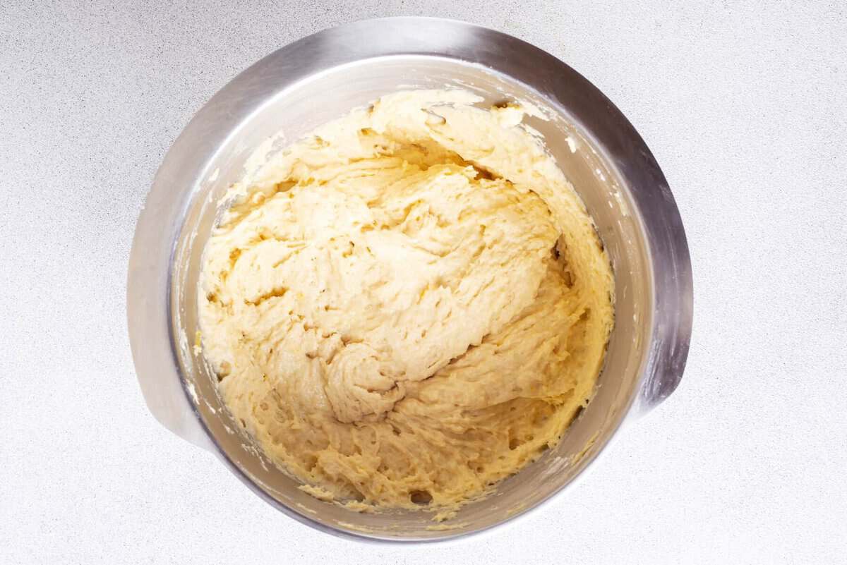 Lemon cake batter in mixing bowl.