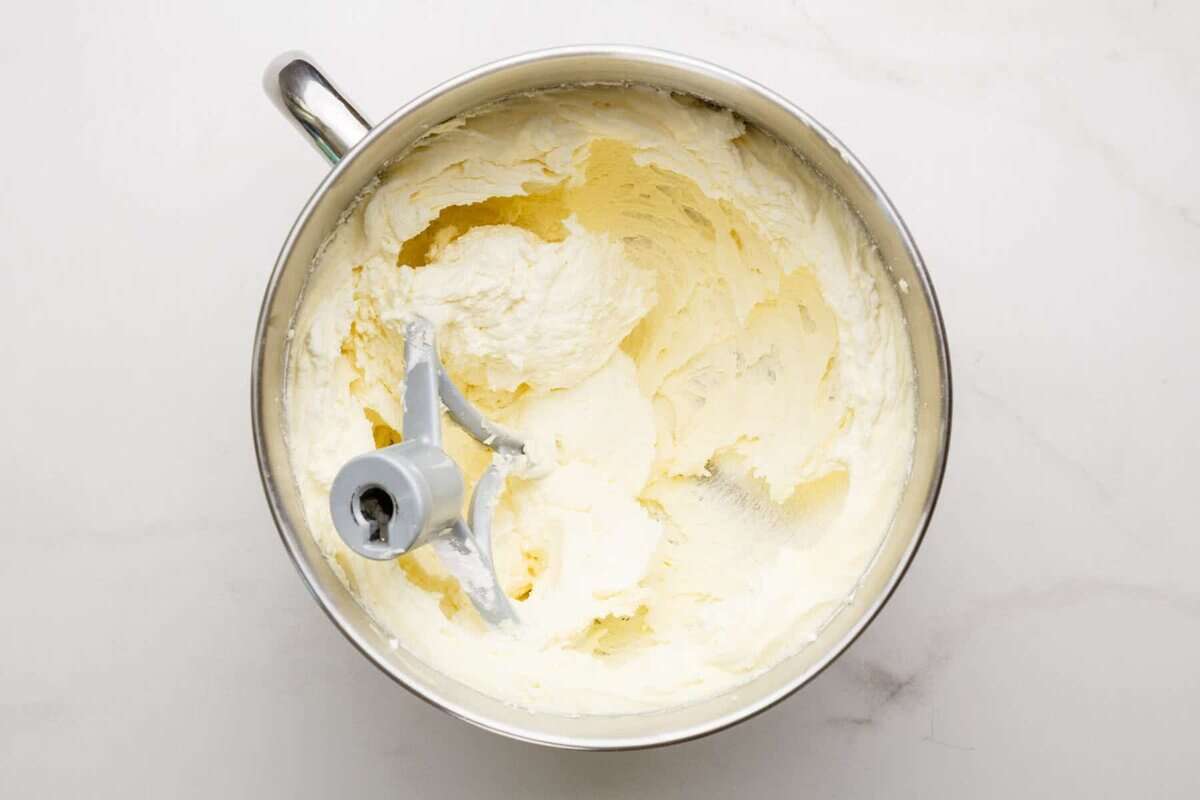 Mixing bowl of buttercream frosting.